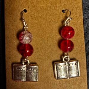 Red and Silver Bible Charm Earrings